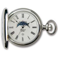 Silver Tone Polished Moon Phase Half Hunter Quartz Pocket Watch