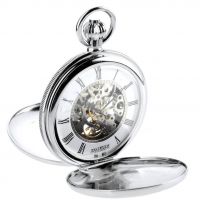 Chrome Plated Mechanical Double Hunter Pocket Watch With Heartbeat Window