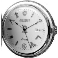 Full Hunter Silver Plated Masonic Quartz Pocket Watch With T-Bar Chain