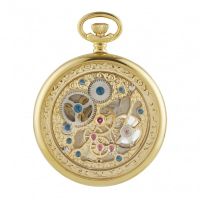 Gold Plated Open Face Heartbeat Skeleton Pocket Watch