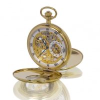 Gents Gold Plated Double Half Hunter Skeleton Pocket Watch