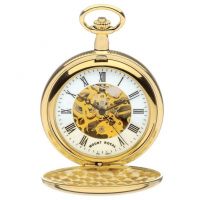Gold Plated Skeleton Mechanical Double Hunter Pocket Watch