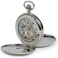 Chrome Plated Mechanical Skeleton Double Hunter Polished Pocket Watch