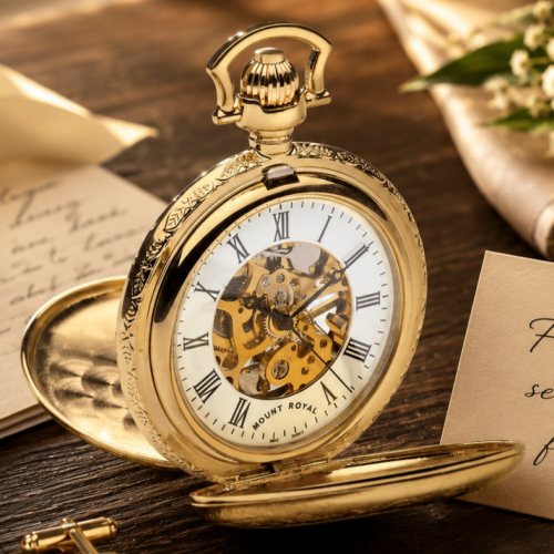 Gold Plated Mechanical Double Half Hunter Pocket Watch