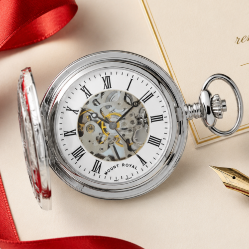 Chrome Plated Mechanical Half Hunter Pocket Watch with Skeletal Display