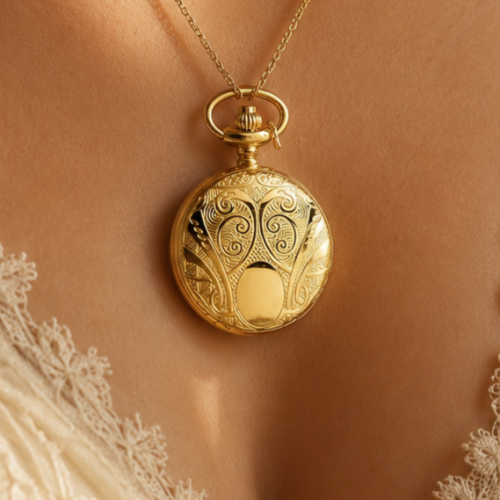 Gold Tone Full Hunter Pattern Quartz Pendant Necklace Watch