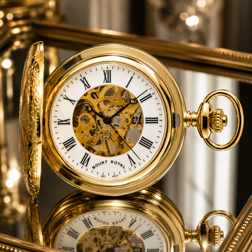 Gold Plated Mechanical Half Hunter Pocket Watch Skeletal Display