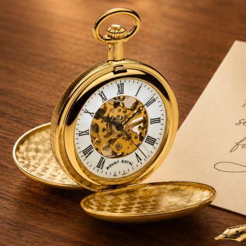 Gold Plated Skeleton Mechanical Double Hunter Pocket Watch