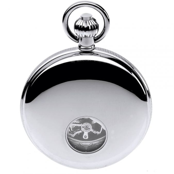 Chrome Plated Mechanical Double Hunter Pocket Watch With Heartbeat Window