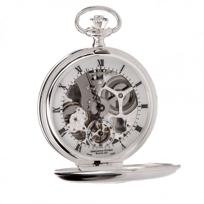 The Hampton - Sterling Silver Double Half Hunter Skeleton Pocket Watch