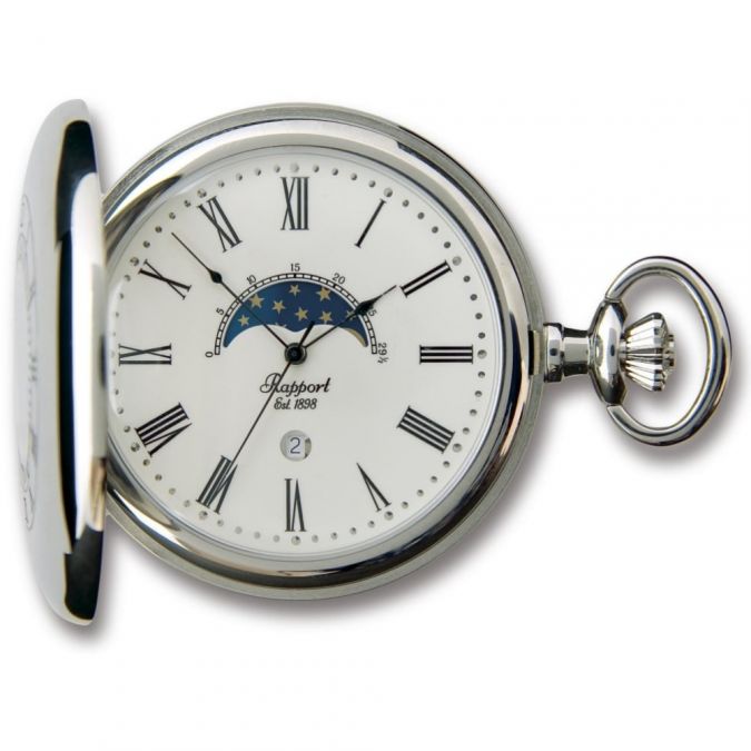 Silver Tone Polished Moon Phase Half Hunter Quartz Pocket Watch