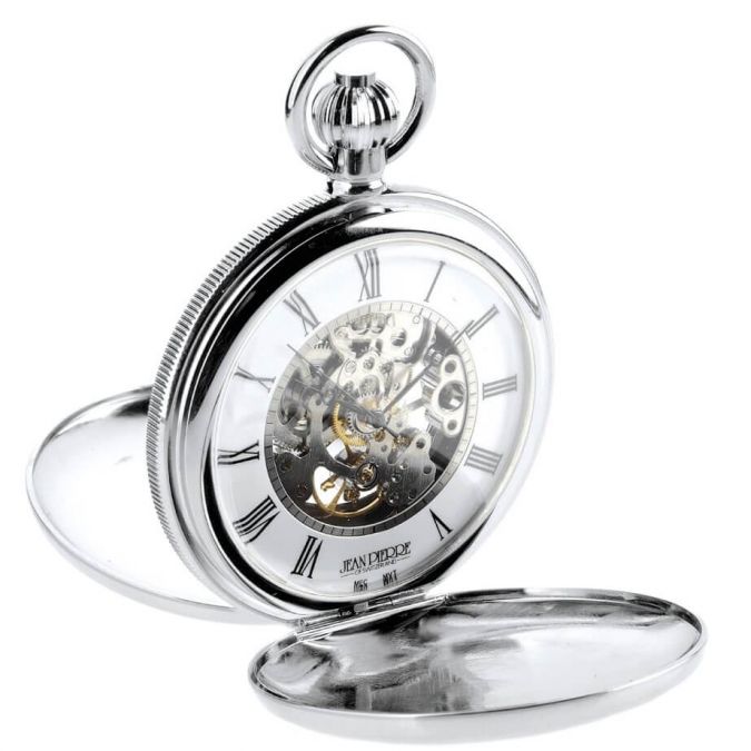 Chrome Plated Mechanical Double Hunter Pocket Watch With Heartbeat Window