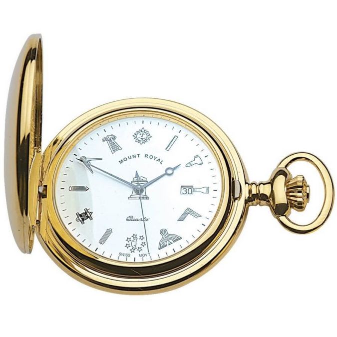 Gold Tone Full Hunter Swiss 17 Jewel Quartz Pocket Watch With Masonic Dial
