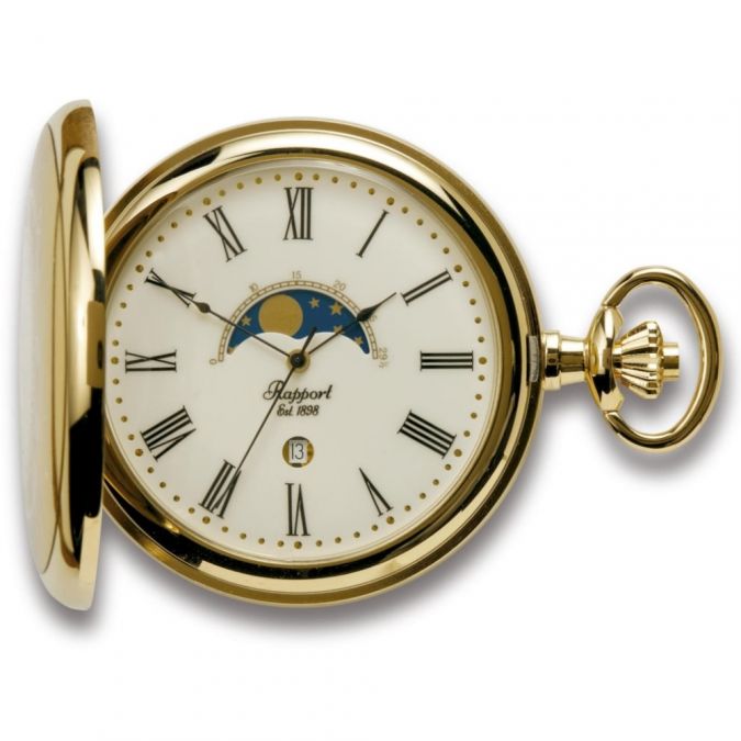Gold Plated Polished Moon Phase Half Hunter Quartz Pocket Watch