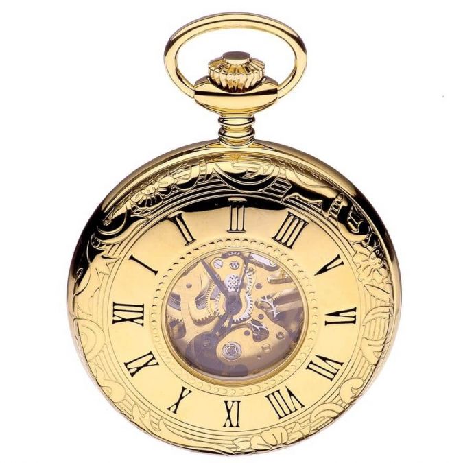 Gold Plated Mechanical Half Hunter Pocket Watch Skeletal Display