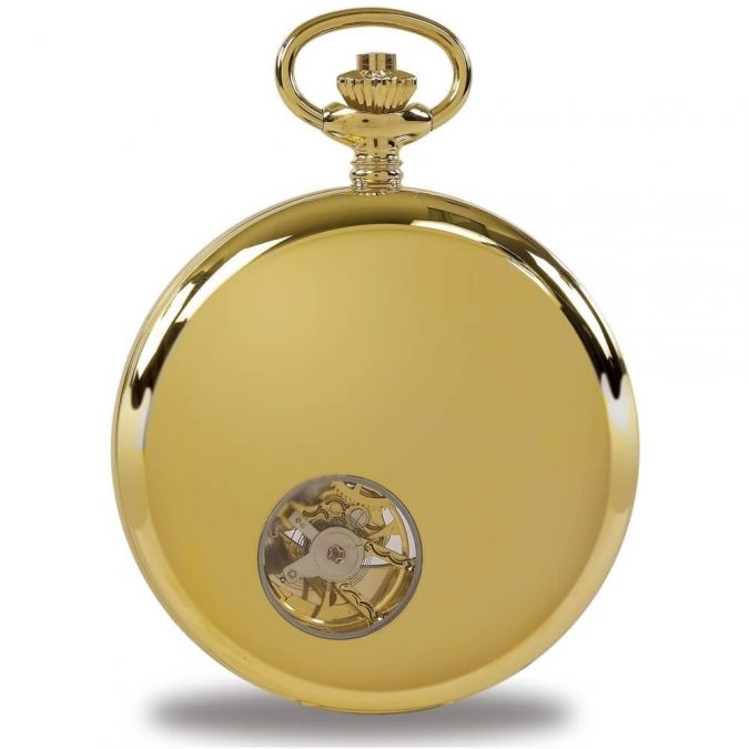 Gents Gold Plated Double Half Hunter Skeleton Pocket Watch