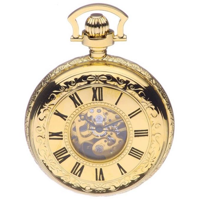 Gold Plated Mechanical Double Half Hunter Pocket Watch