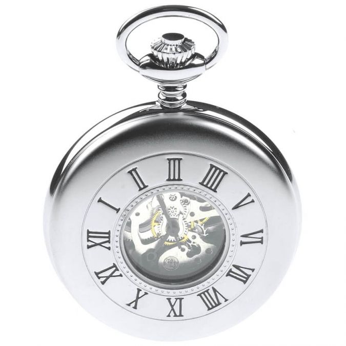 Matt Finish Chrome Plated Mechanical Half Hunter Pocket Watch