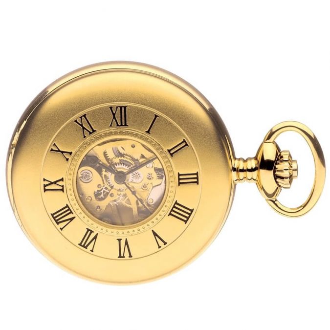 Matt Finish Gold Plated Mechanical Half Hunter Pocket Watch