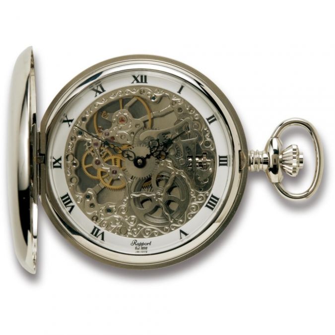 Chrome Plated Mechanical Skeleton Double Hunter Polished Pocket Watch