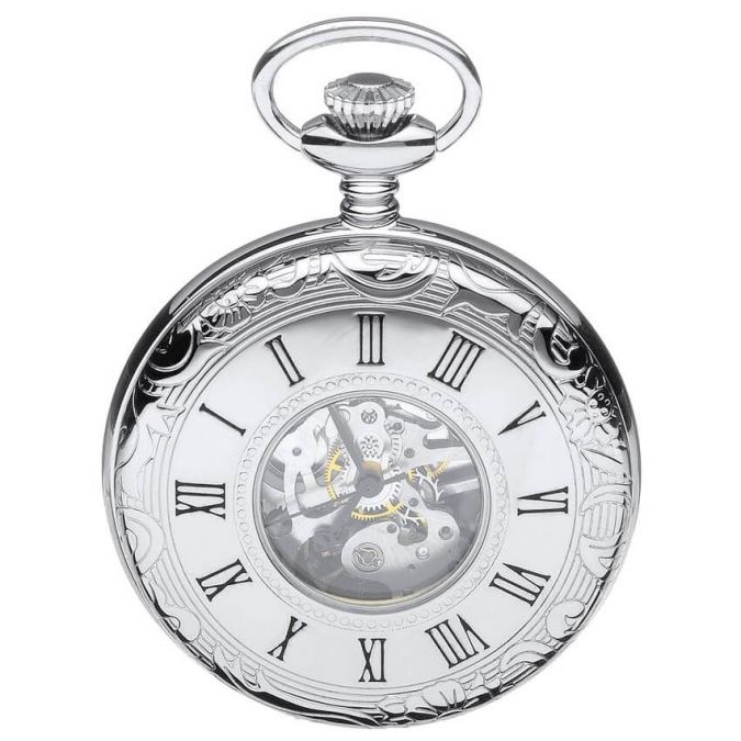Chrome Plated Mechanical Half Hunter Pocket Watch with Skeletal Display