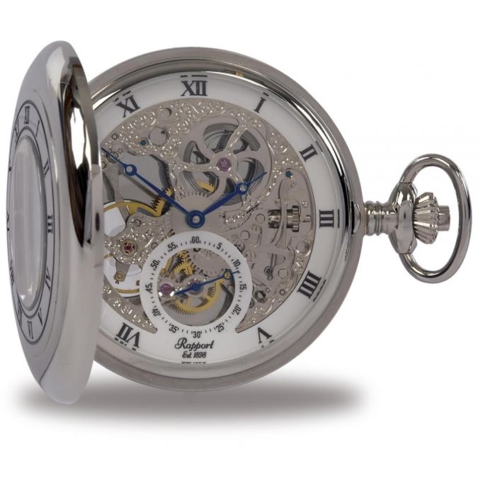 Chrome Double Half Hunter Skeleton Pocket Watch