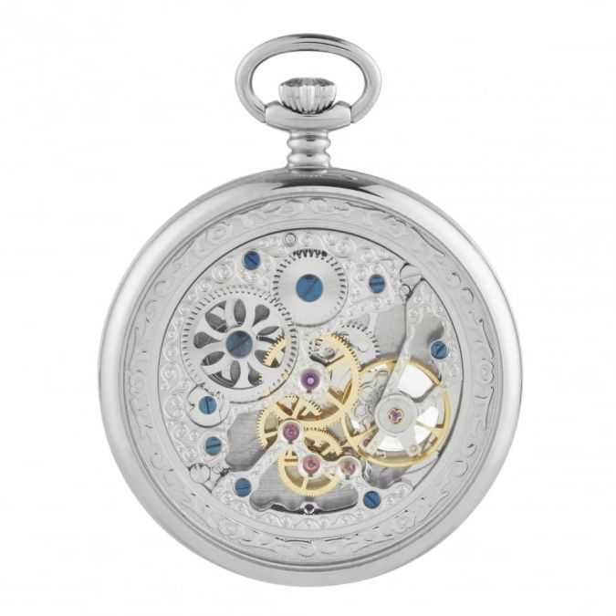 Chrome Plated Open Face Heartbeat Skeleton Pocket Watch