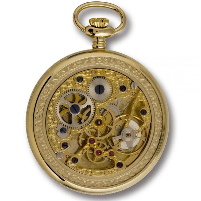 Gold Plated 17 Jewel Mechanical Open Face Grand Skeleton Pocket Watch