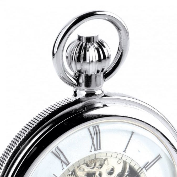Chrome Plated Mechanical Double Hunter Pocket Watch With Heartbeat Window