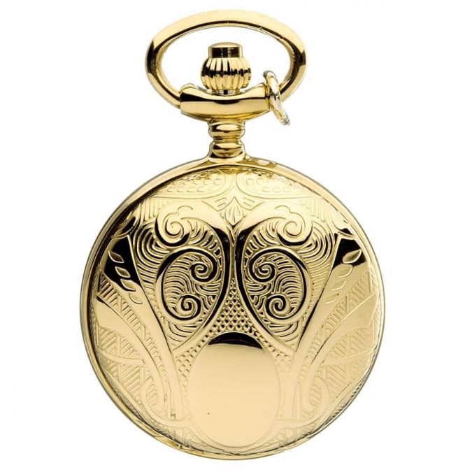 Gold Tone Full Hunter Pattern Quartz Pendant Necklace Watch