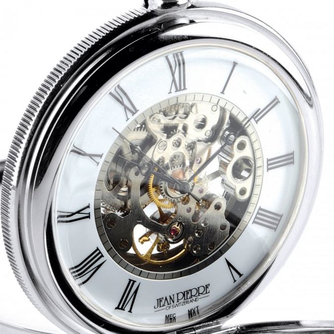 Chrome Plated Mechanical Double Hunter Pocket Watch With Heartbeat Window