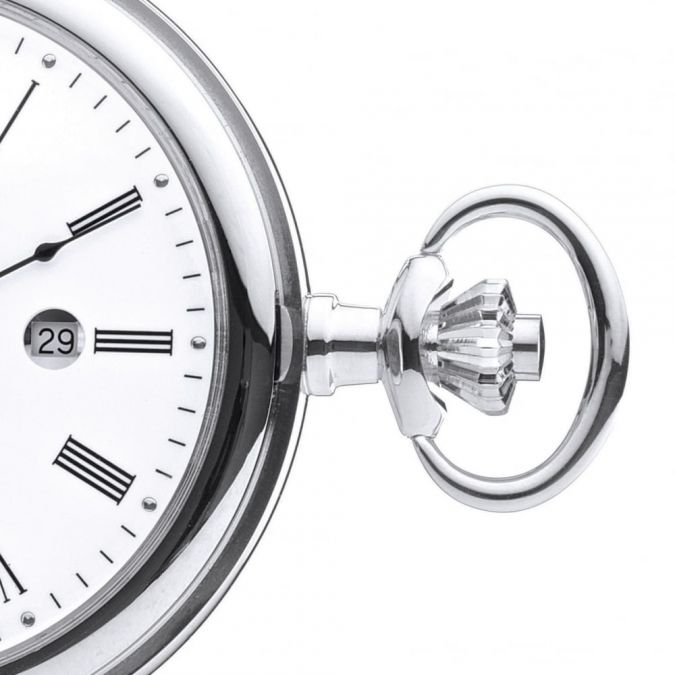 Full Hunter Chrome Plated Quartz Pocket Watch With T Bar Chain
