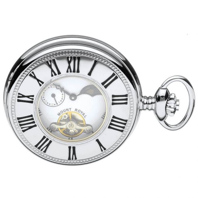 Chrome Plated Mechanical Half Hunter Pocket Watch with White Face