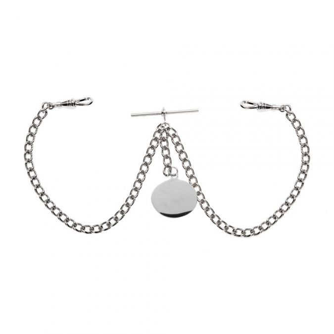 Double Albert Chrome T-Bar Heavy Chain with Engraveable Fob