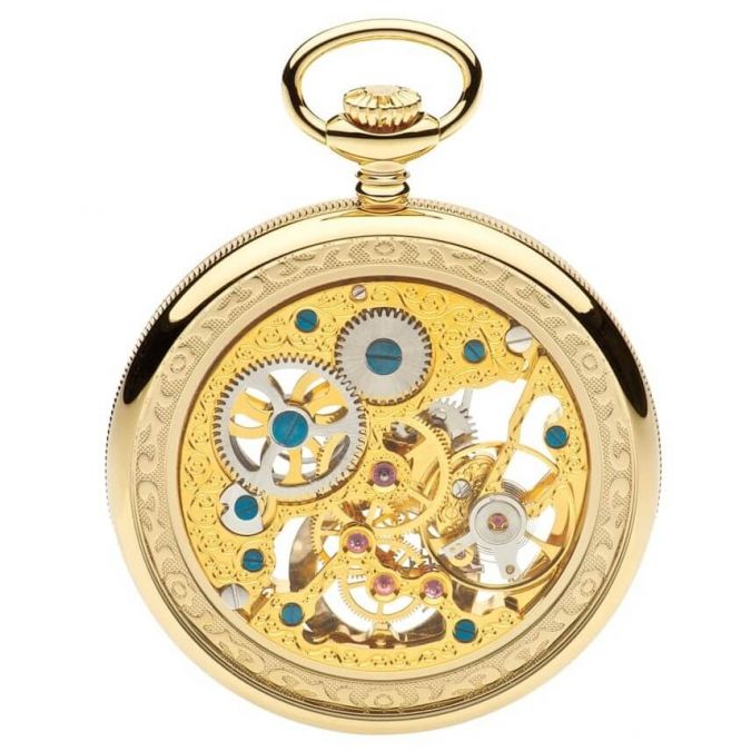 Gold Plated Open Face 17 Jewel Skeleton Pocket Watch