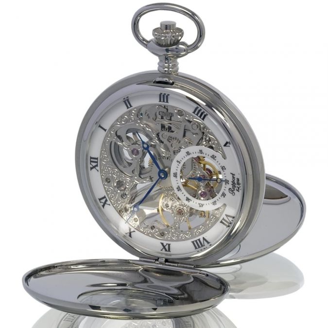 Chrome Double Half Hunter Skeleton Pocket Watch