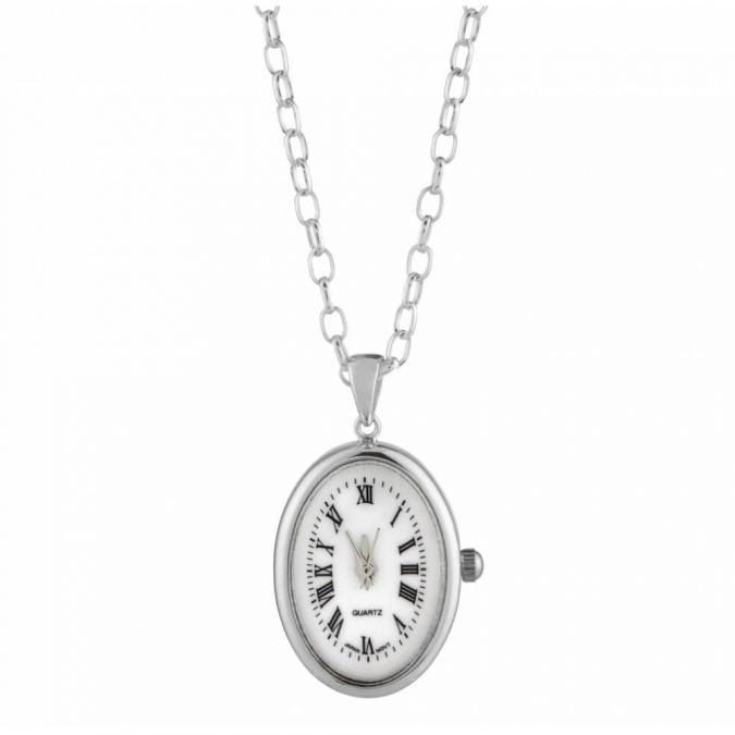 Chrome Oval Quartz Pendant Necklace Watch