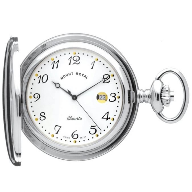 Chrome Plated Full Hunter Quartz Pocket Watch with Arabic Numerals
