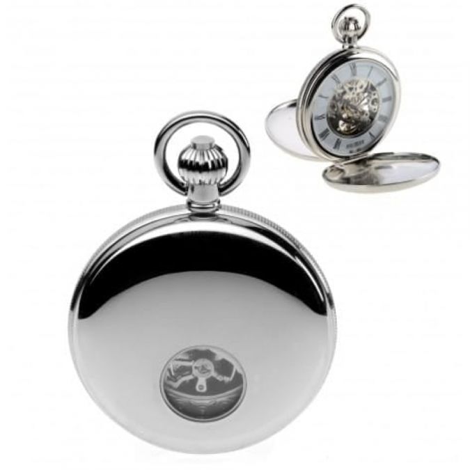 Chrome Plated Mechanical Double Hunter Pocket Watch With Heartbeat Window
