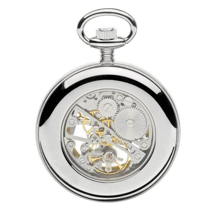 Chrome Plated Mechanical Open Face Pocket Watch with Skeletal Display