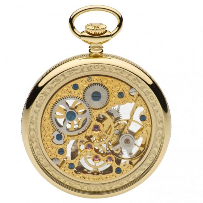 Gold Plated Open Face 17 Jewel Skeleton Pocket Watch