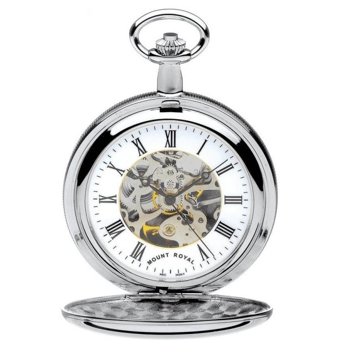 Chrome Plated Skeleton Mechanical Double Hunter Pocket Watch