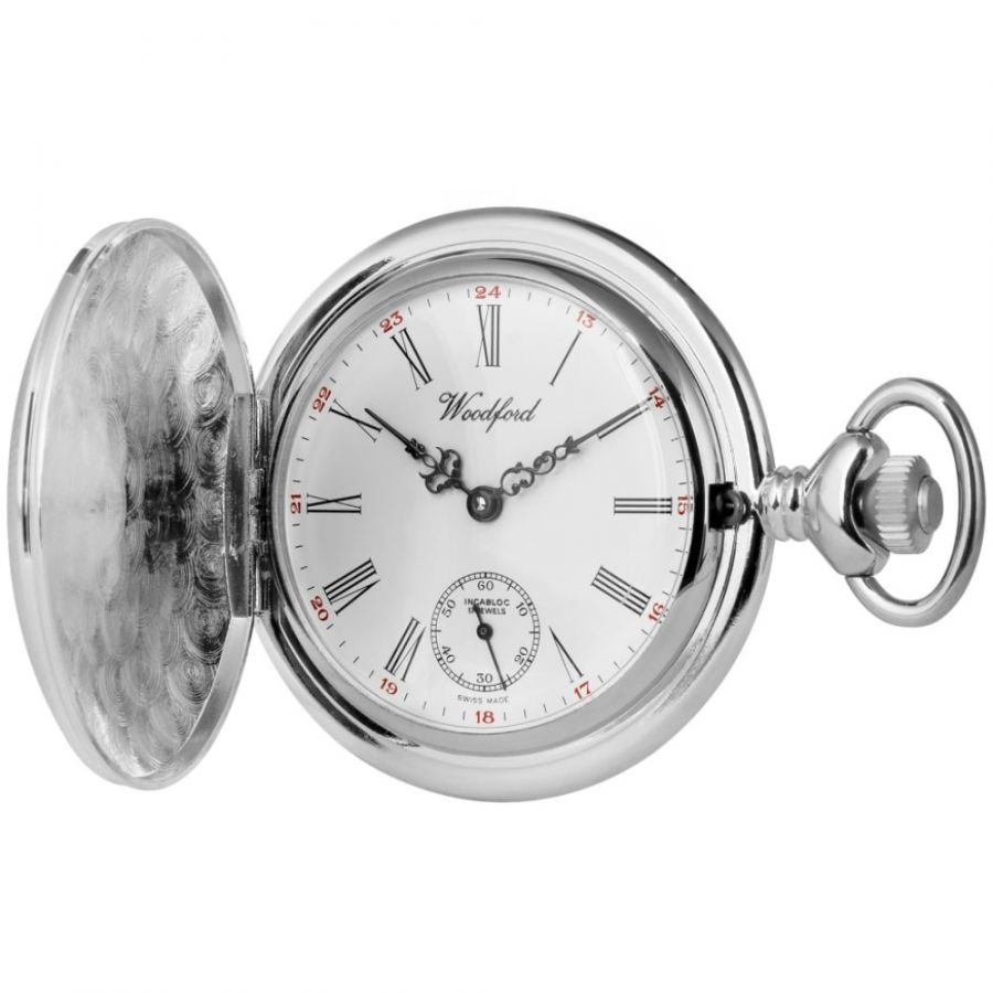 Chrome Plated Engine Turned Mechanical Full Hunter Pocket Watch