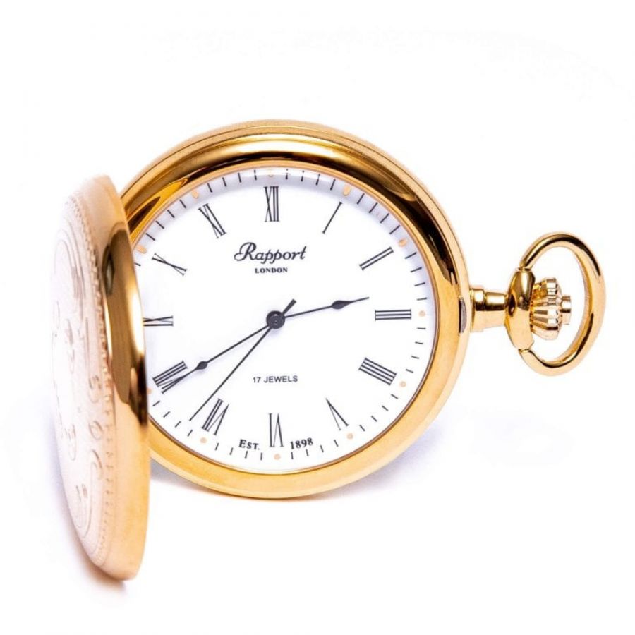 Gold Plated Mechanical Hunter Pocket Watch with Skeleton Back