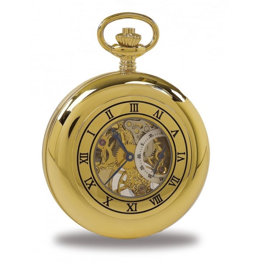 Gents Gold Plated Double Half Hunter Skeleton Pocket Watch