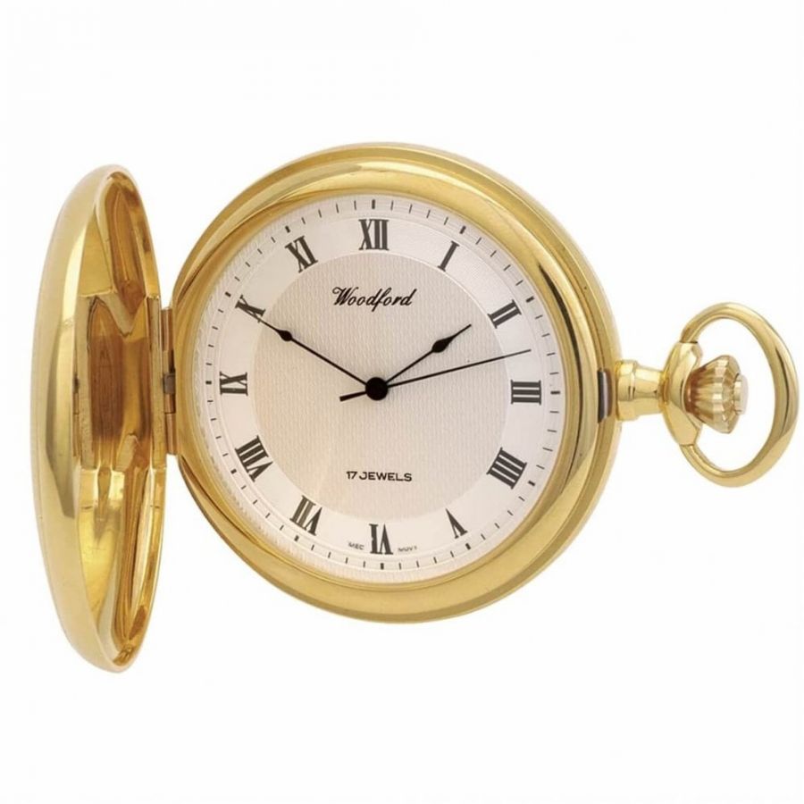 Gold Plated 17 Jewel Mechanical Full Hunter Pocket Watch Stippled Pattern