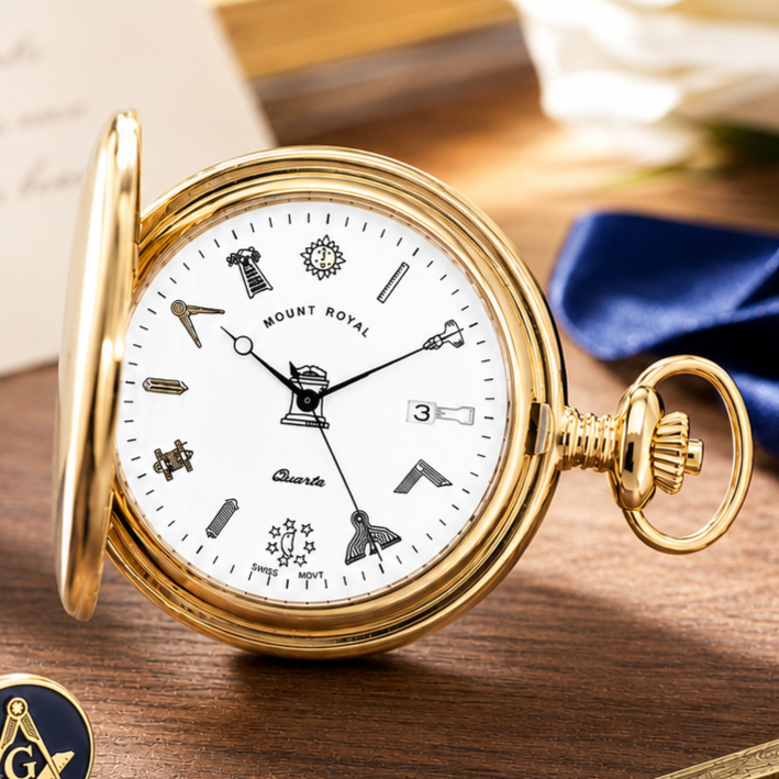 Masonic Gold Plated Full Hunter Quartz Pocket Watch
