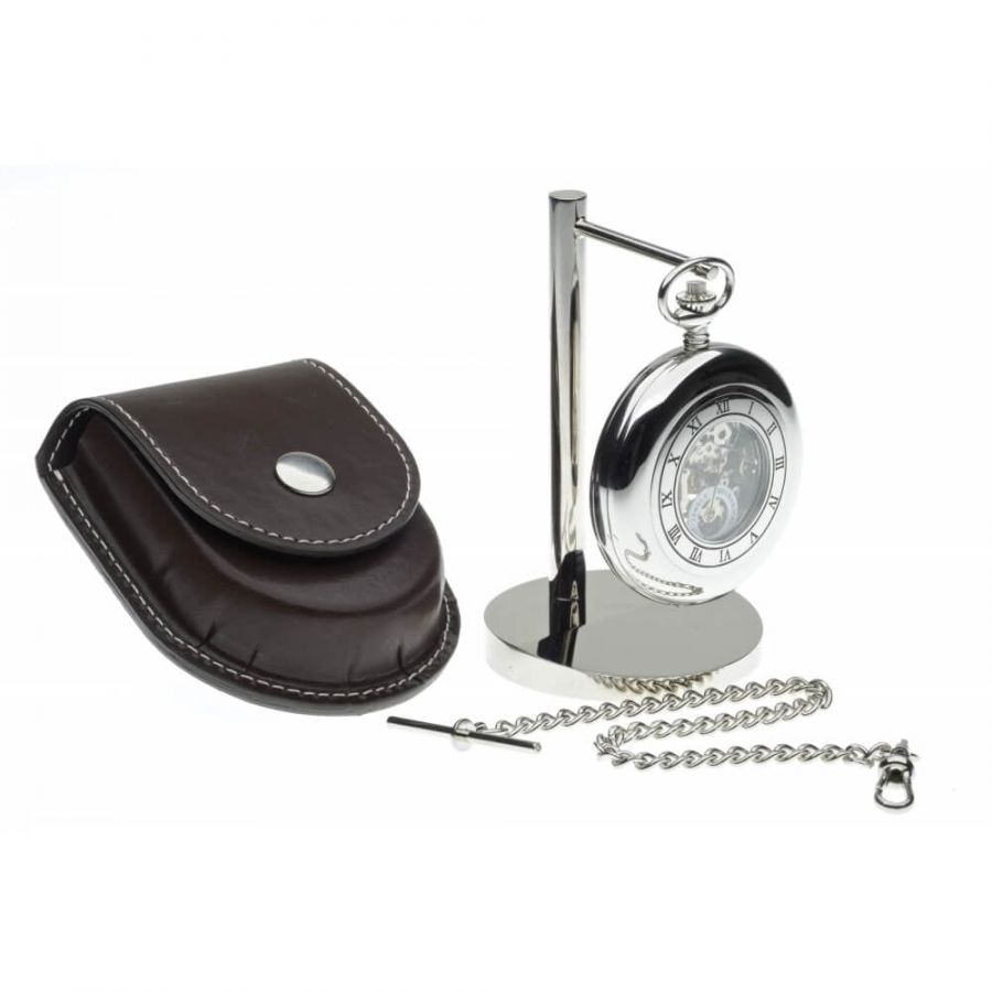 Half Hunter Mechanical Pocket Watch With Pouch & Stand