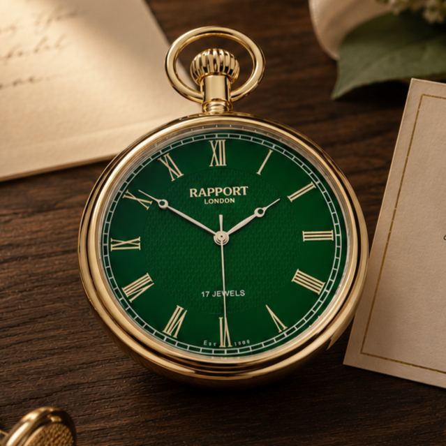 Mechanical Emerald Open Face Gold Plated Pocket Watch