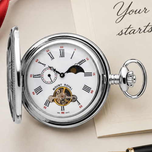 Chrome Plated Mechanical Half Hunter Pocket Watch with White Face